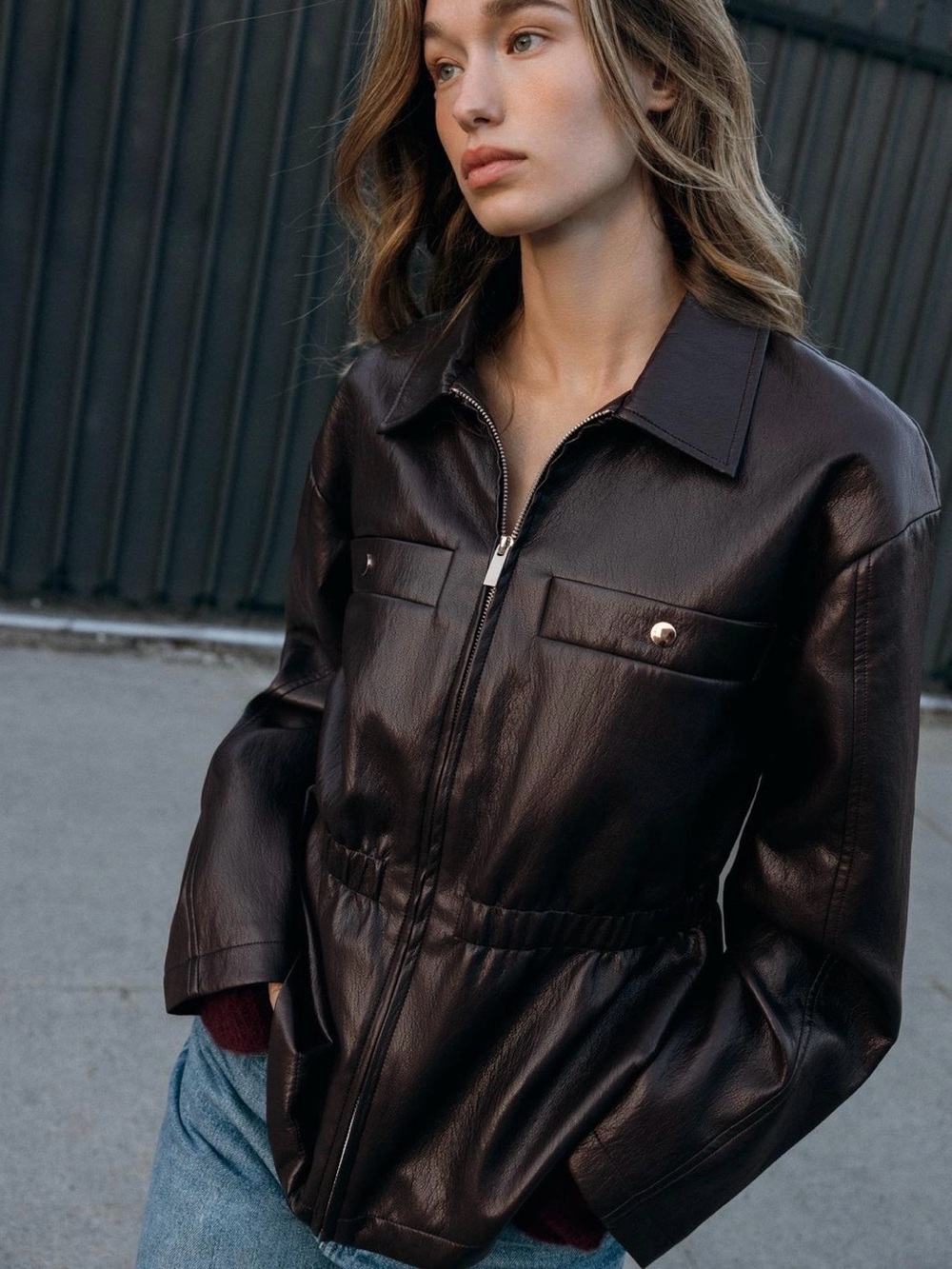 Zara Peplum Faux Leather Jacket w/ Drawstring pants M Brown NWT